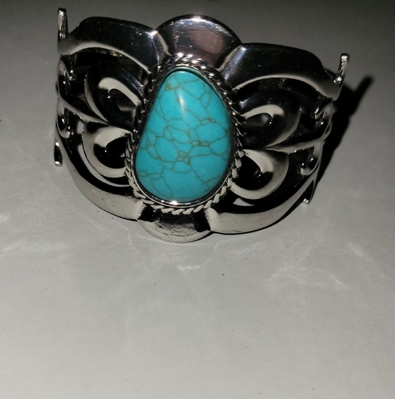 Turquoise Faux & Silver Tone Cuff Bracelet - Picture 1 of 3